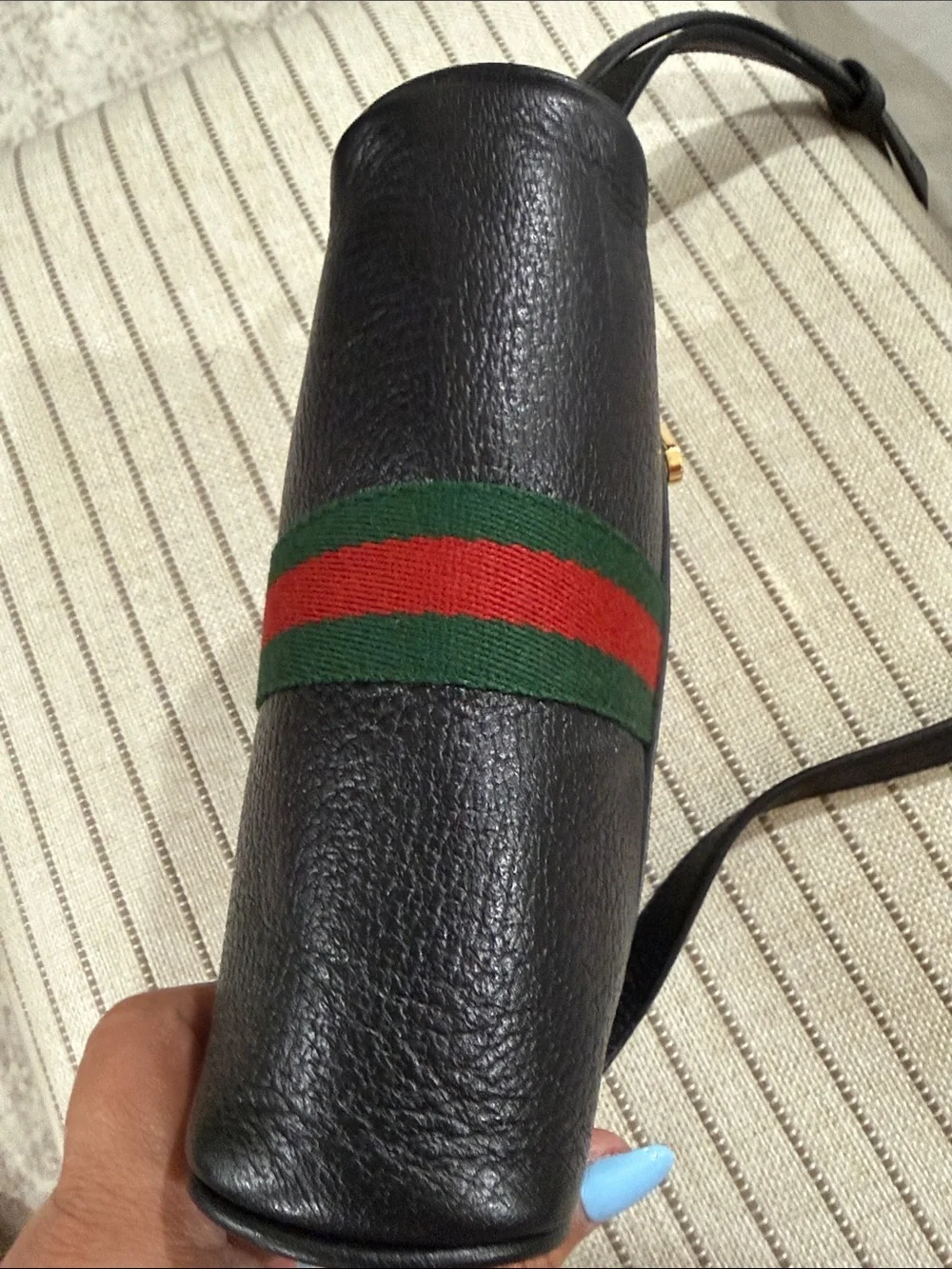 Gucci Black Leather Crossbody with Red-Green Web Stripe and Gold Hardware